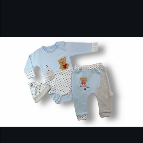 NEW Baby Boy 3 Piece Set in High-Quality Cotton with Romantic Bear Pattern. - Picture 2 of 7